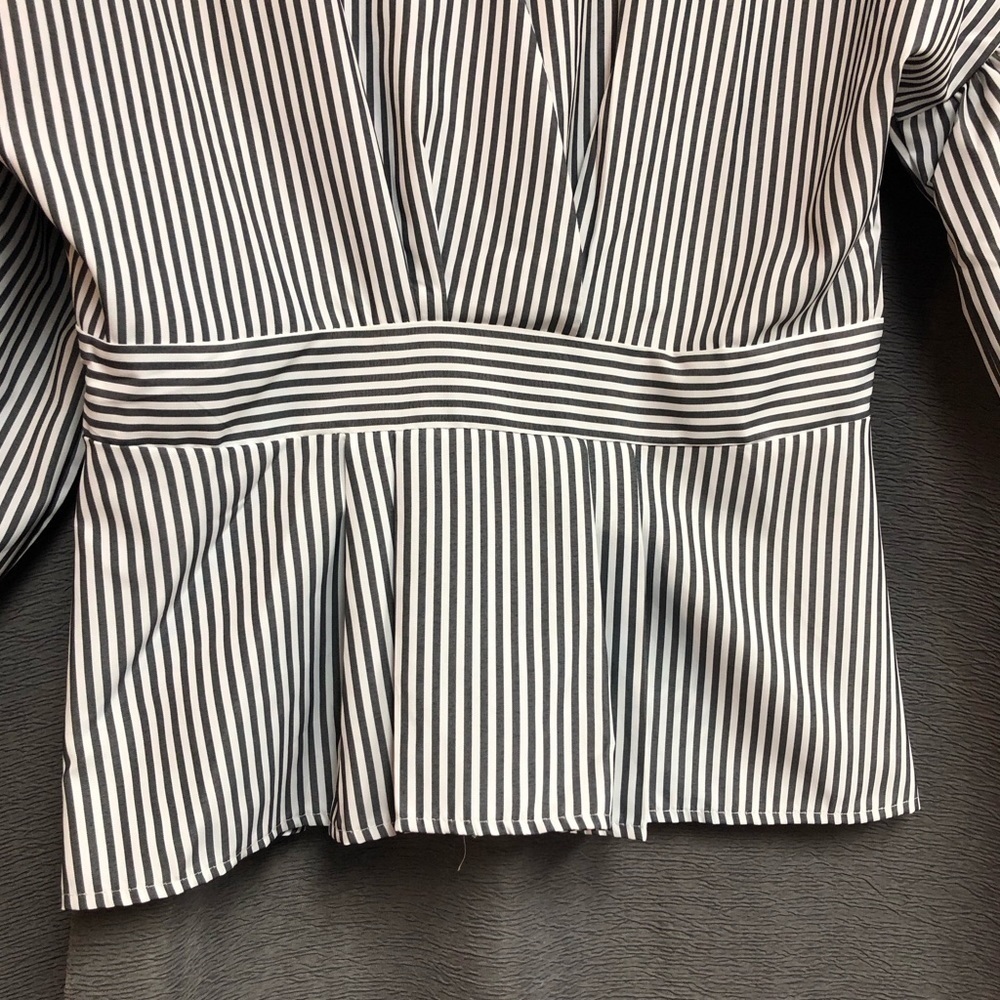 White and gray striped dressy blouse with buttons up the back, waistband - Picture 3 of 12
